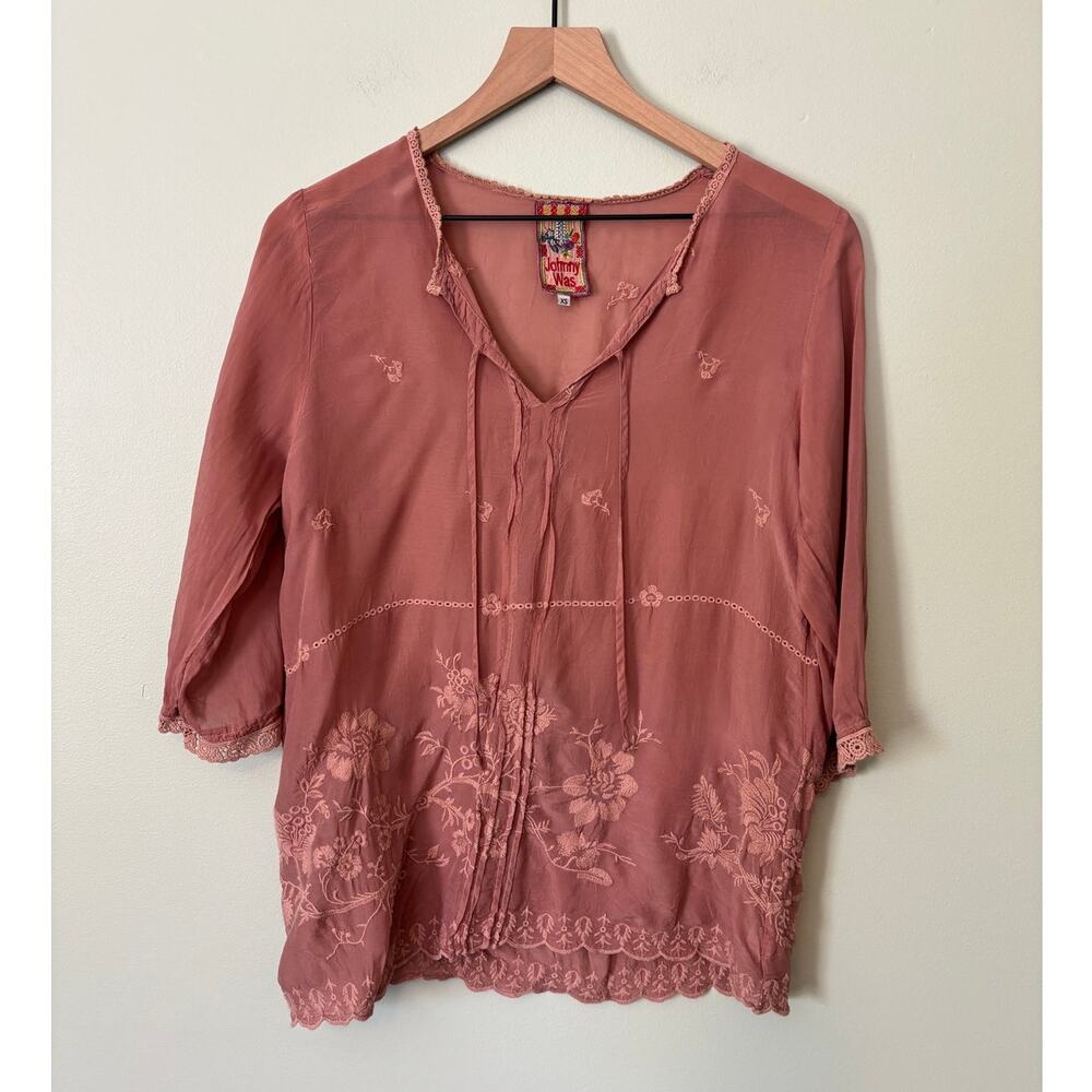 Johnny Was Pink Sheer Embroidered Blouse XS Gypsy Boho Top